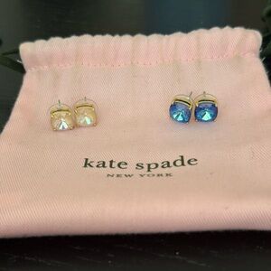 Kate Spade Two Pairs Gold and Blue Crystal Square Stud Earrings 12K Plated Gold
